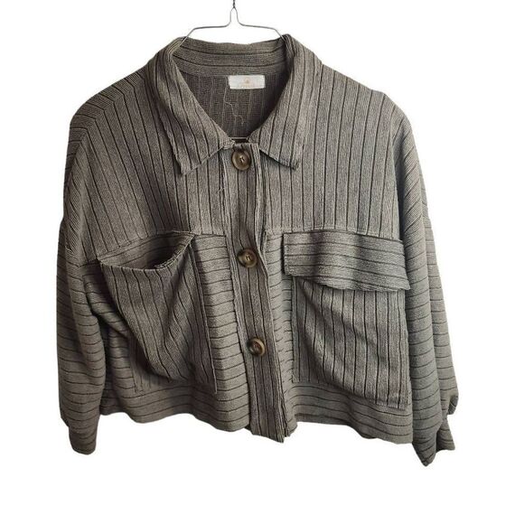 Sunland 17 Cropped Gray Ribbed Button Up Shacket Size Medium - Picture 1 of 9
